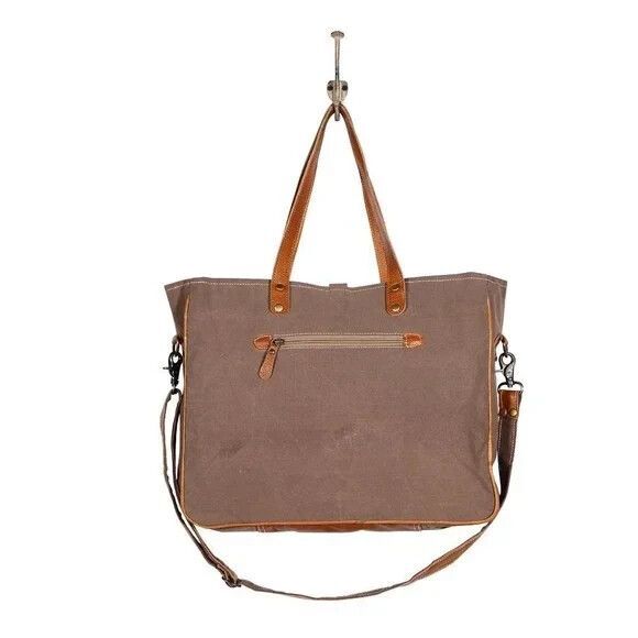 Myra Bag Handmade Crusader Weekender Bag Upcycled Canvas & Cowhide Leather - Picture 5 of 8